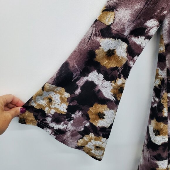 Womens L Boho Floral Mini Dress Long Sleeve Purple Yellow V-Neck Tunic Lined - Picture 7 of 15